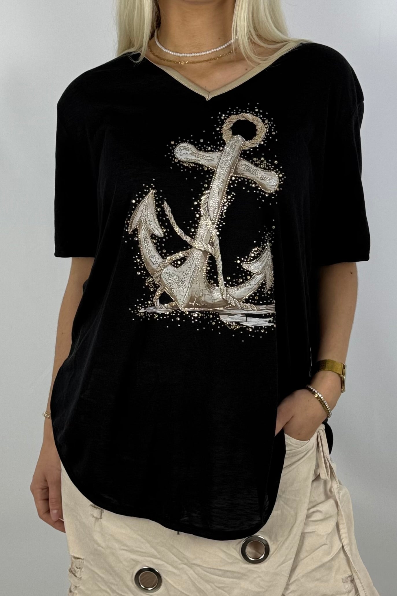 Oversize-Shirt mit Anker-Print & Golddetails-Schwarz