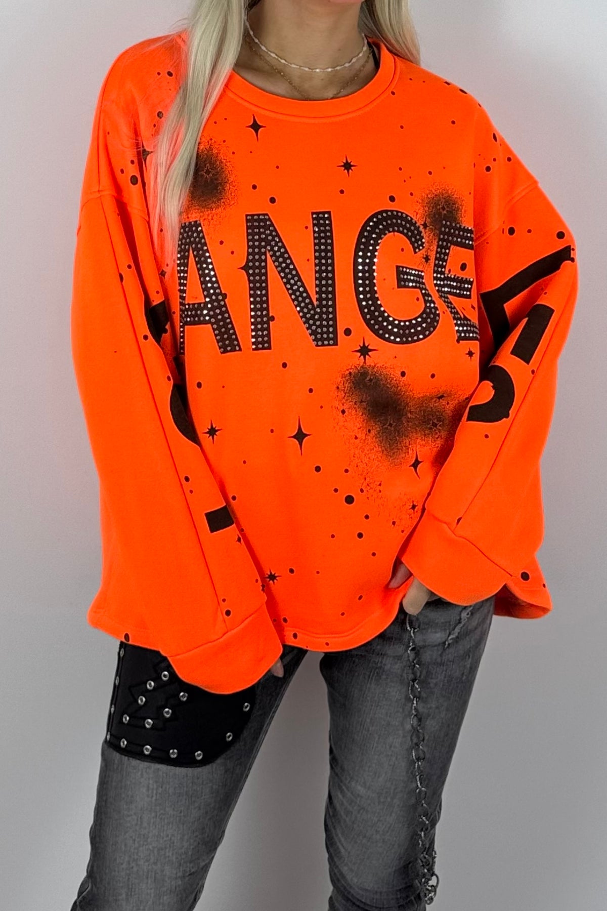 Damen-Sweatshirt mit „Los Angeles“-Schriftzug und Glitzersteinen - Neon Orange