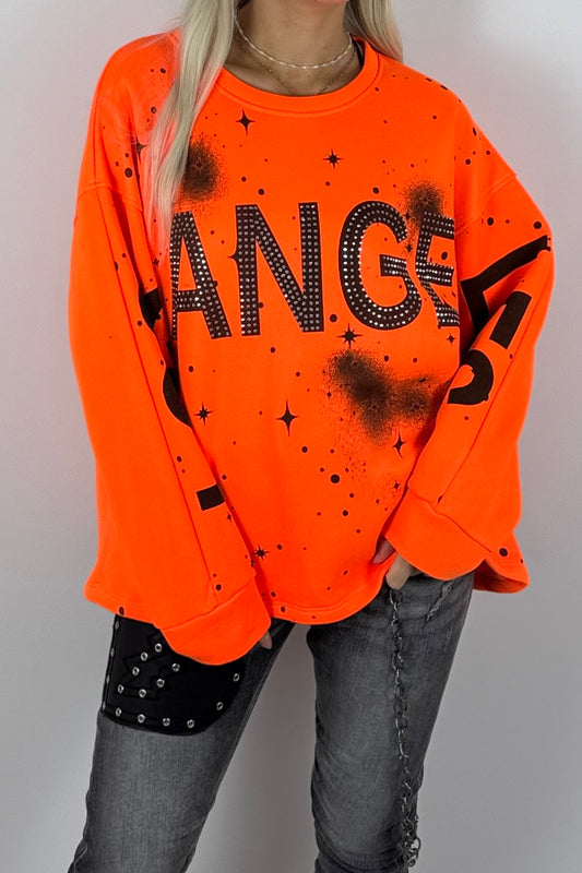 Damen-Sweatshirt mit „Los Angeles“-Schriftzug und Glitzersteinen - Neon Orange