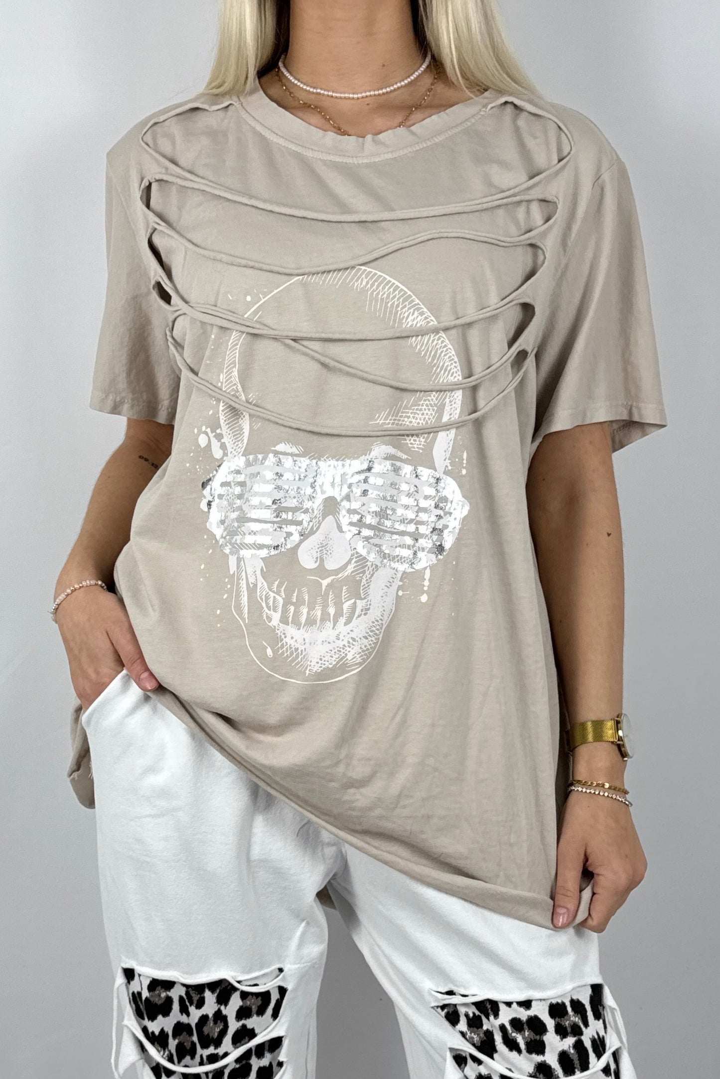 Oversize Shirt mit Skull Print – Moderner Streetstyle-Beige