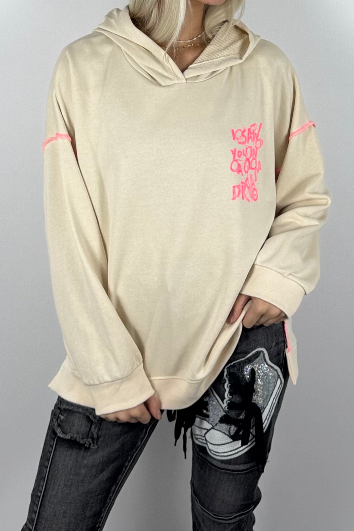 Damen-Hoodie mit Schriftprint und Ziernähten-Beige
