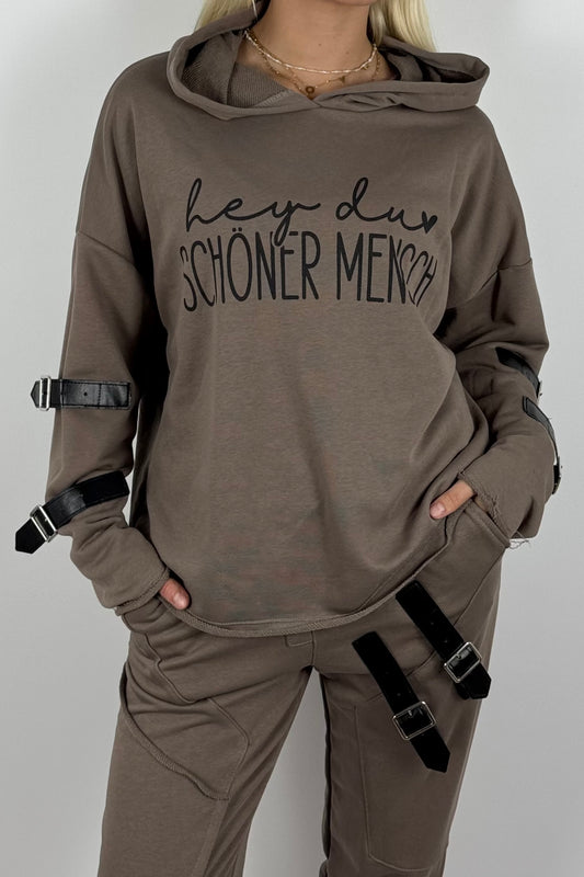 Oversize Hoodie „Hey du schöner Mensch“ mit Kapuze – Mud