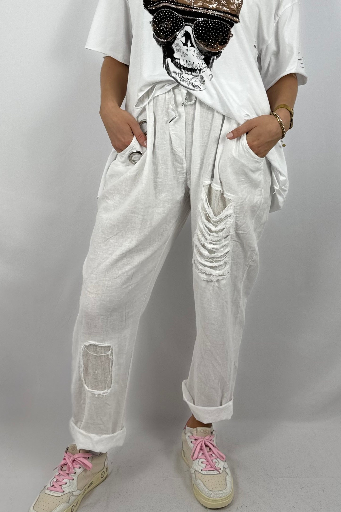 Leinen-Viskose Hose mit Pailletten-Details-Weiß