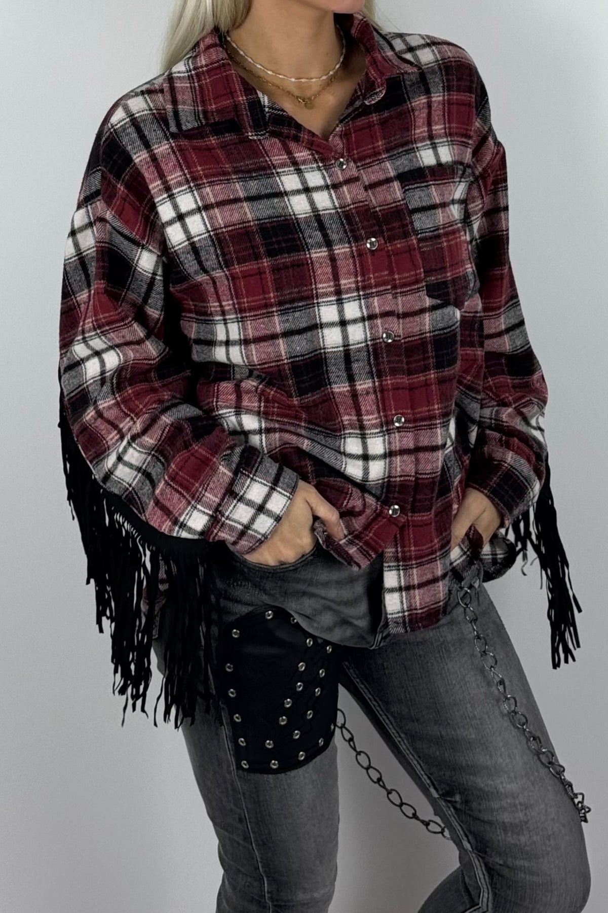Damen-Karobluse mit Fransen-Bordeaux