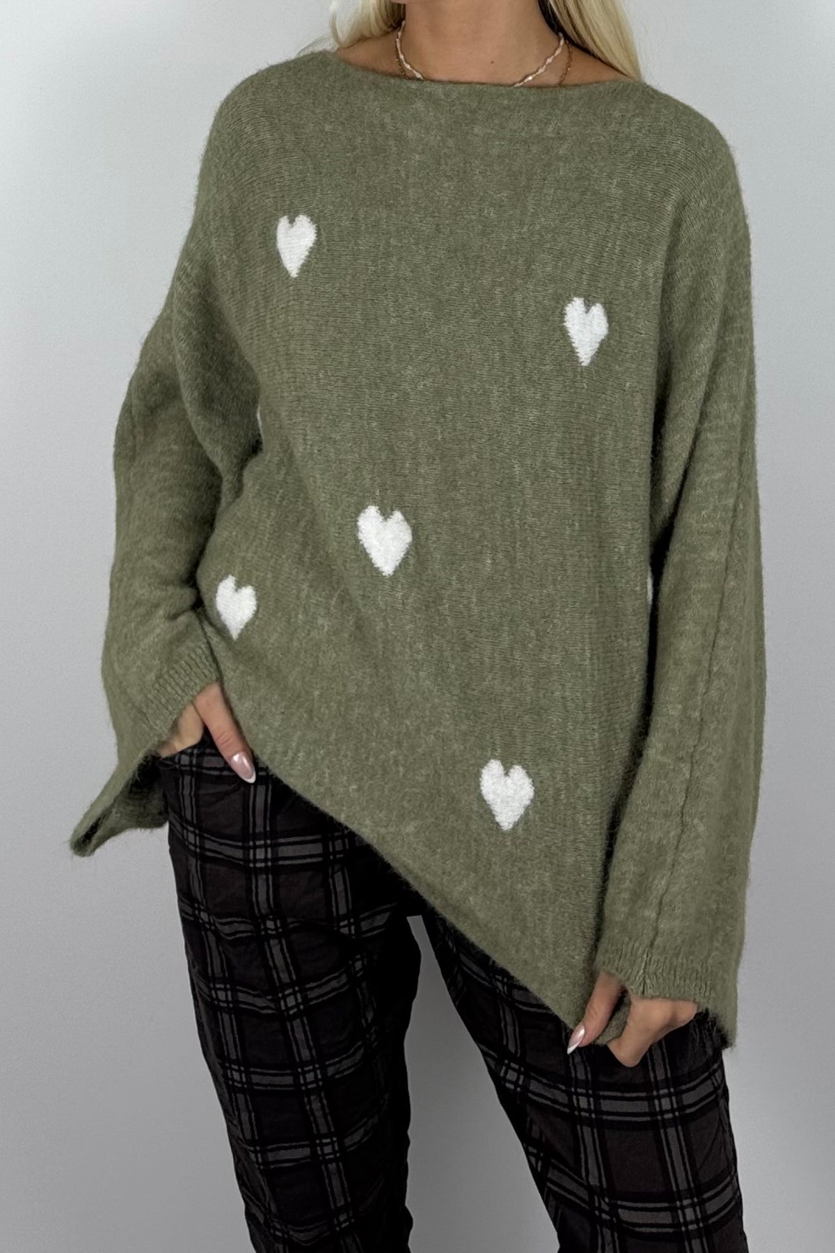 Damen Oversize-Strickpullover mit Herzmuster-Hell Khaki