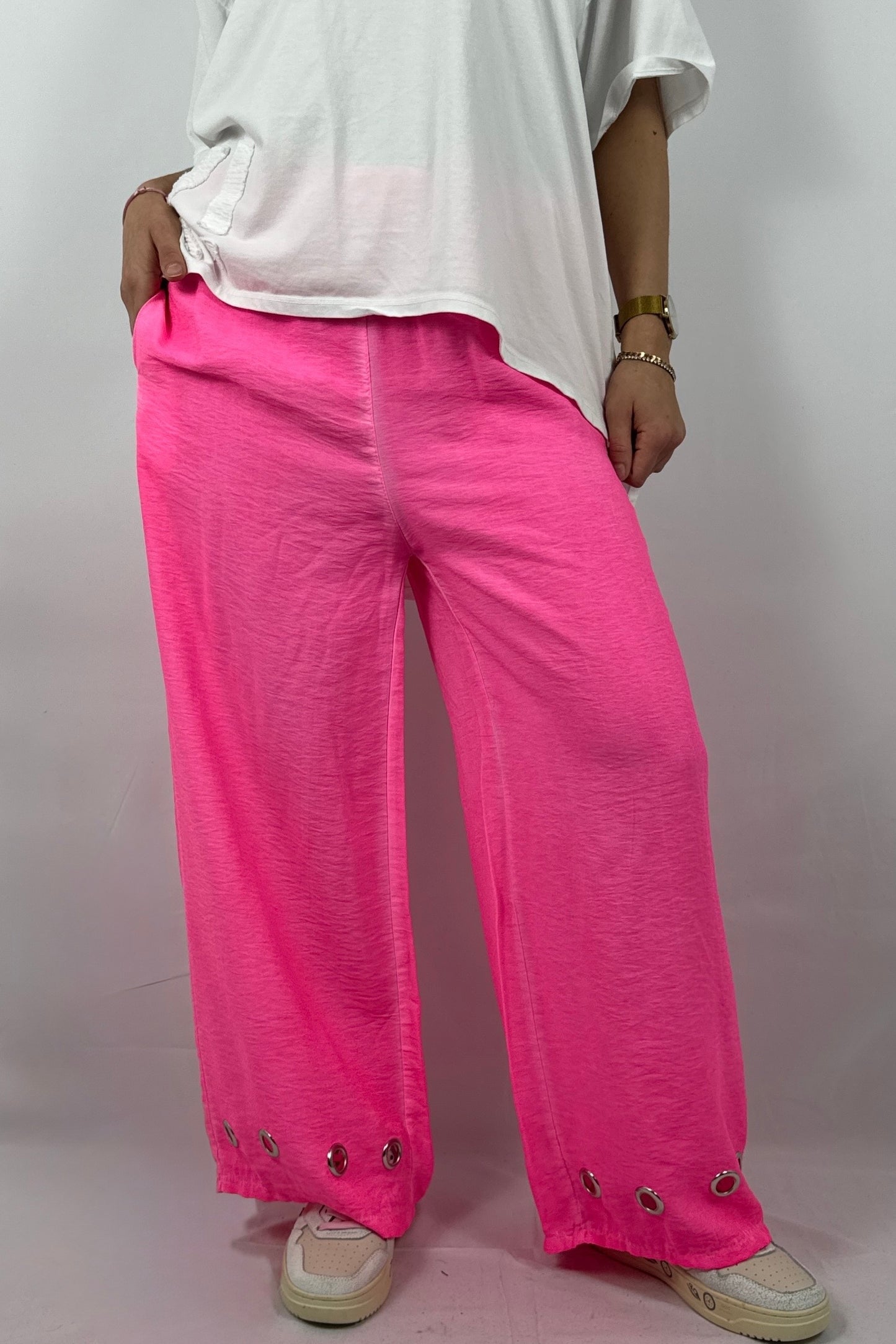 Damen Hose mit weitem Bein und Ösen Details - Neon pink