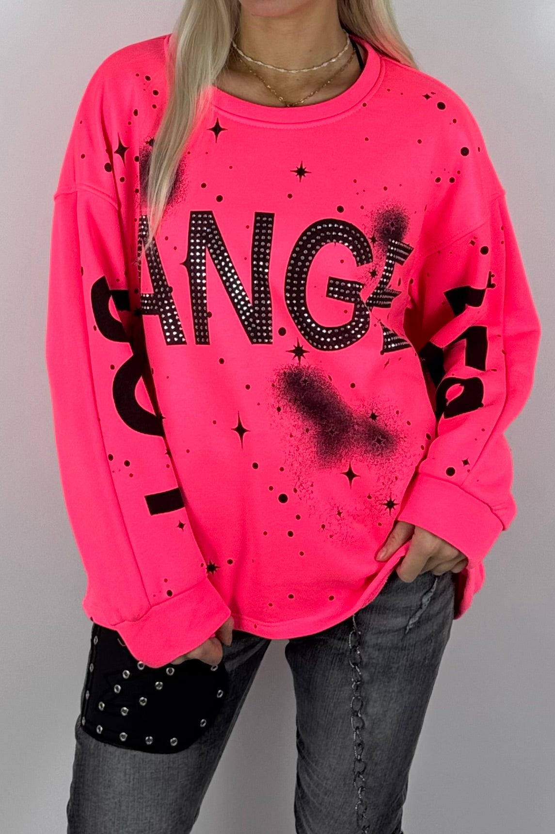 Damen-Sweatshirt mit „Los Angeles“-Schriftzug und Glitzersteinen - Neon Pink