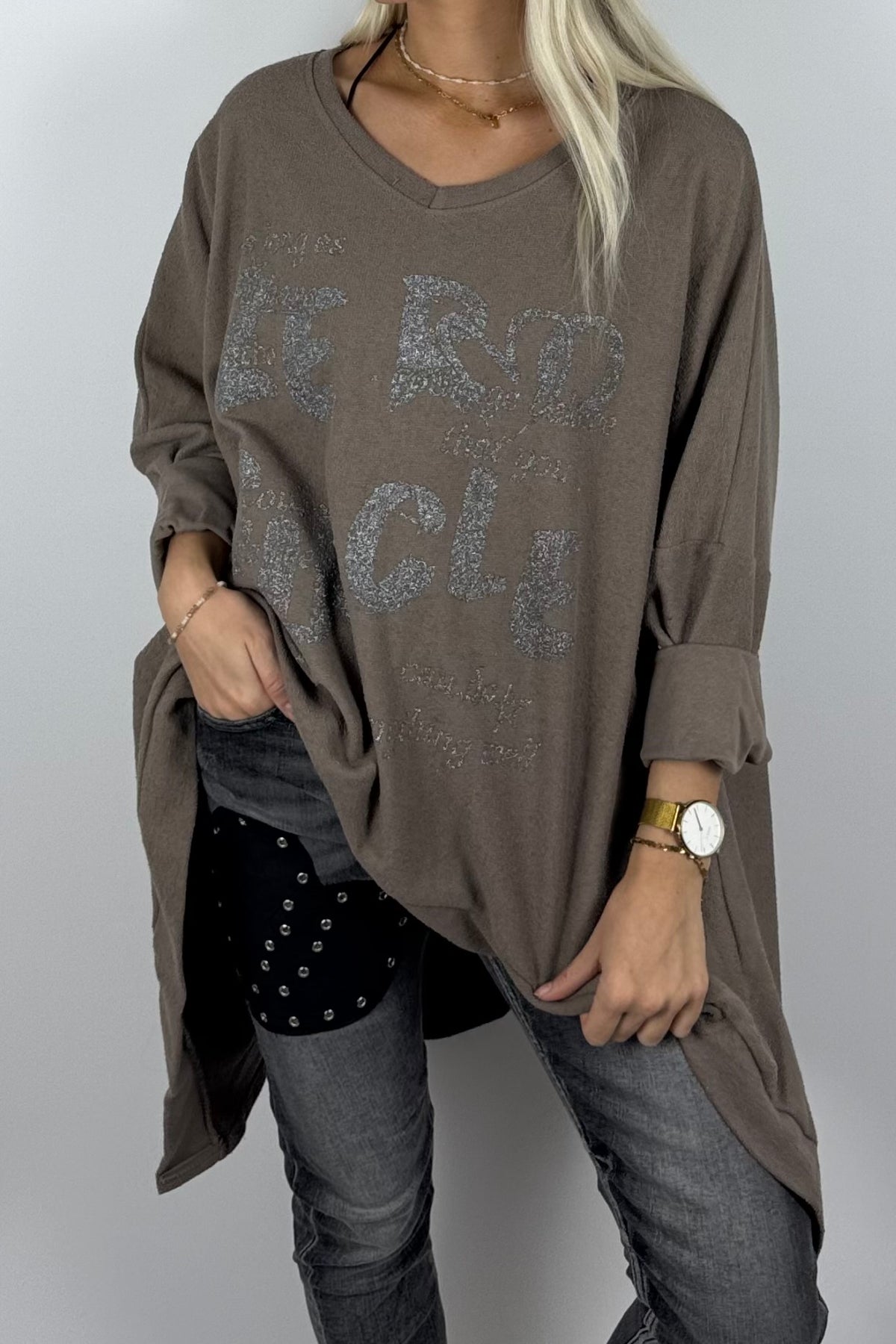 Damen-Sweatshirt mit V-Ausschnitt und Glitzerprint-Mud