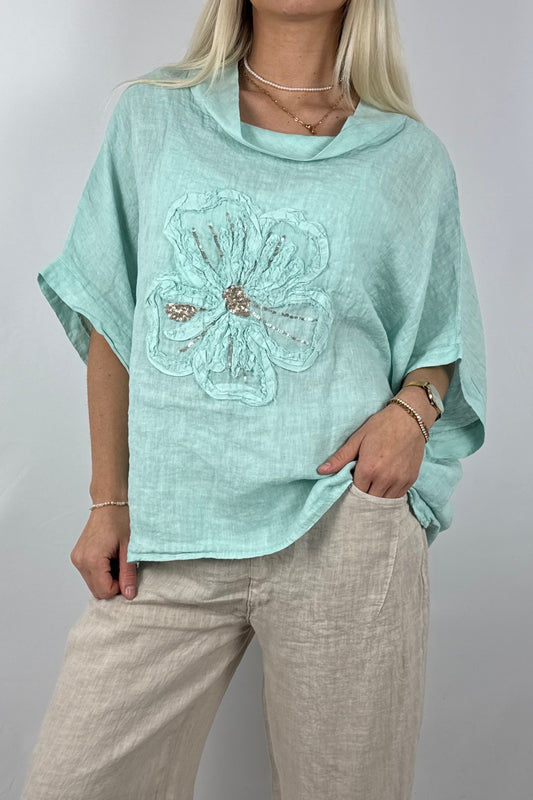 Leinen Shirt mit Blumen-Applikation – Lässiger Look-Mint
