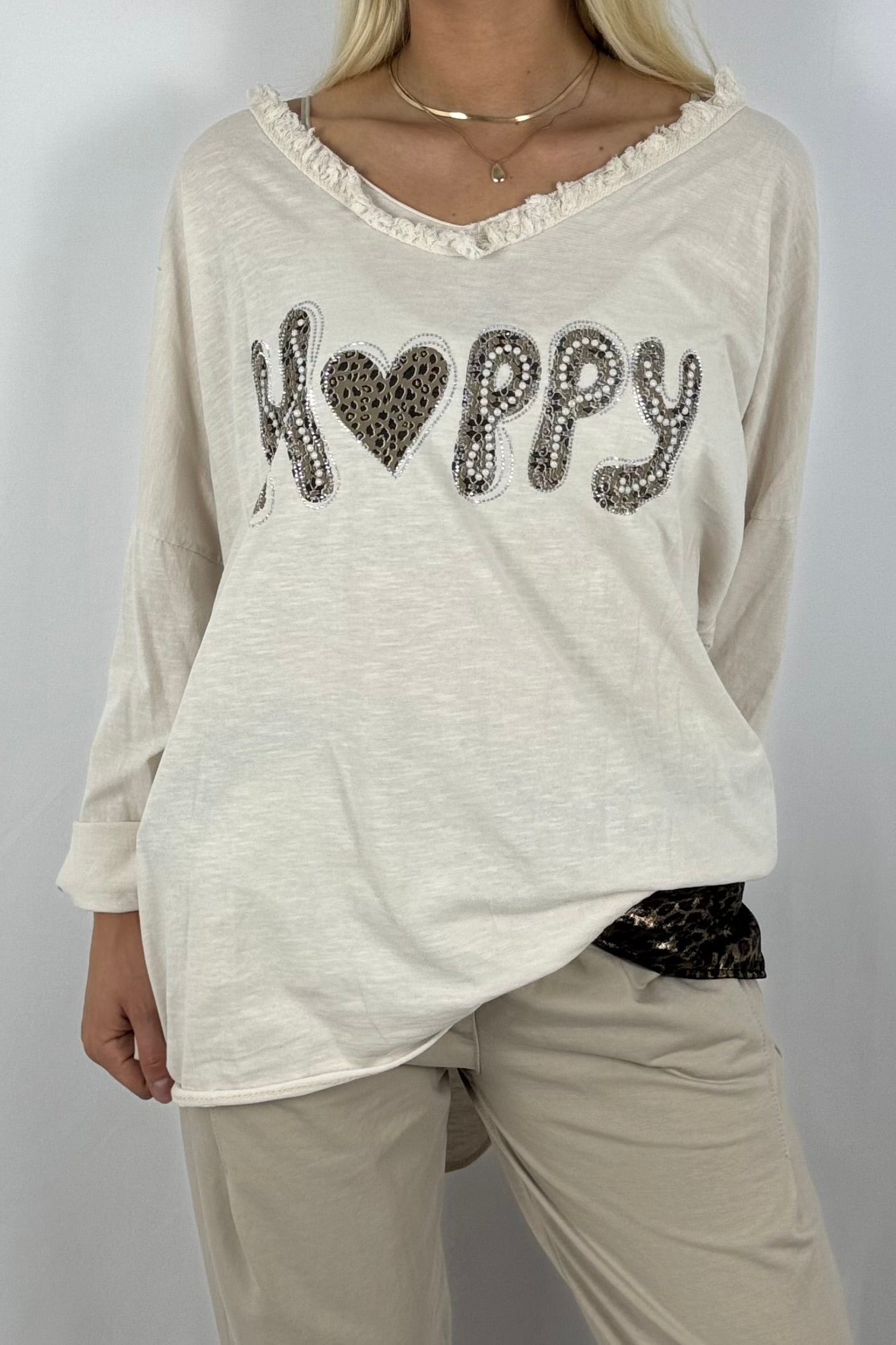 Damen Oversize Shirt – Happy Print-Beige