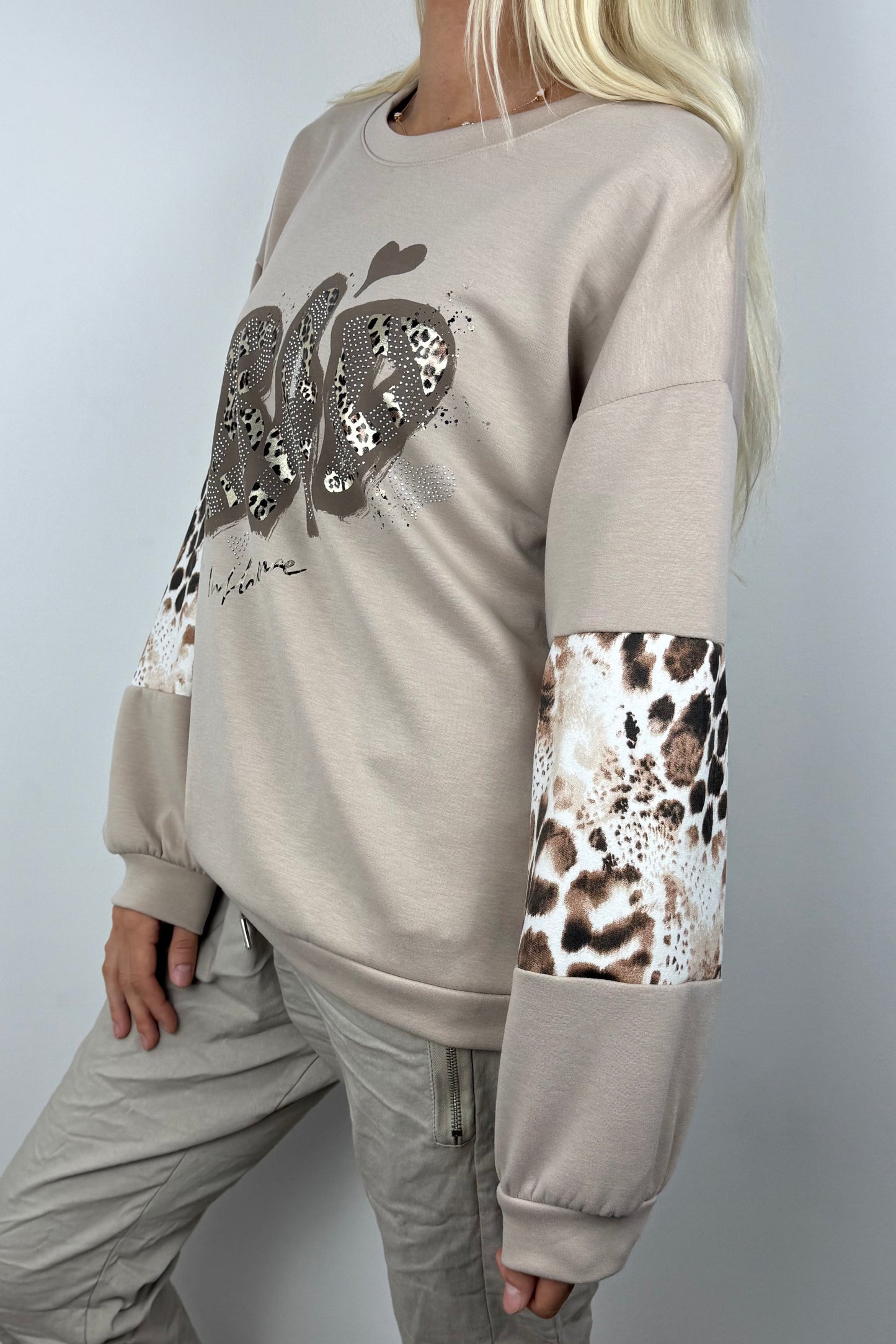 Oversize Sweatshirt mit Print & Animal-Details –Beige