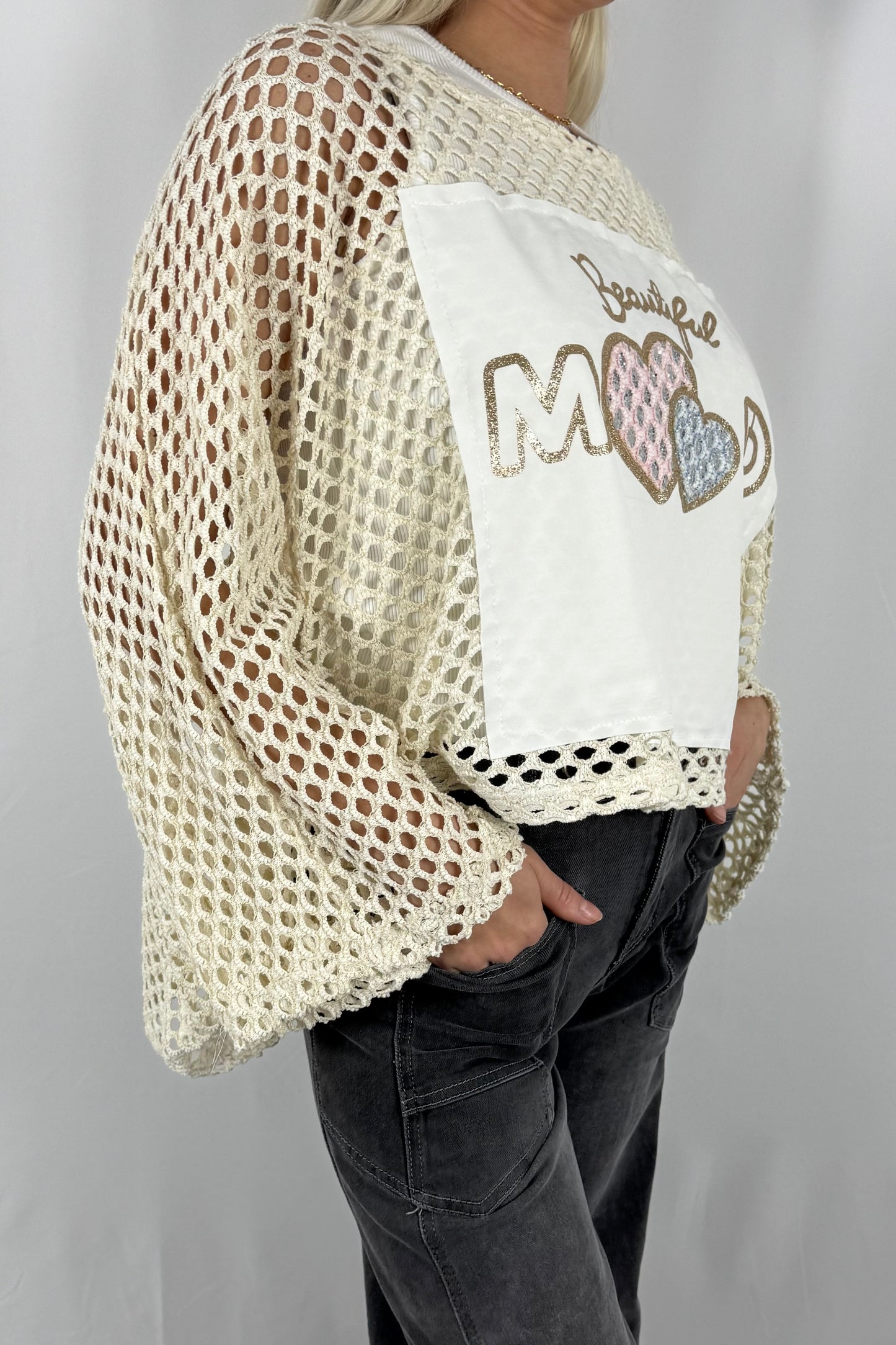 Damen Strickpullover mit Netzstruktur und Beautiful Mood Print-Beige