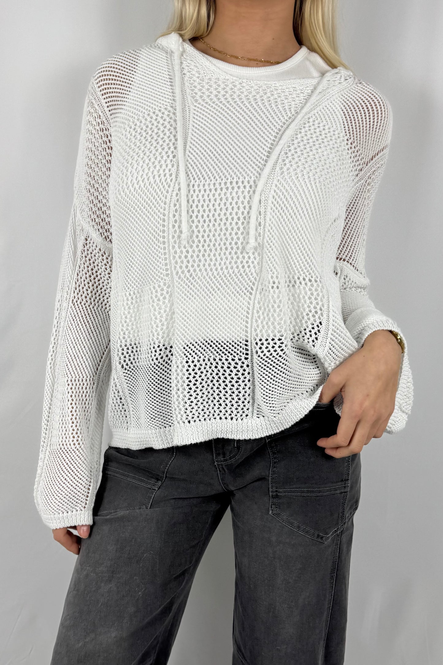 Damen Strick Sweatshirt mit Netzstruktur-Weiß