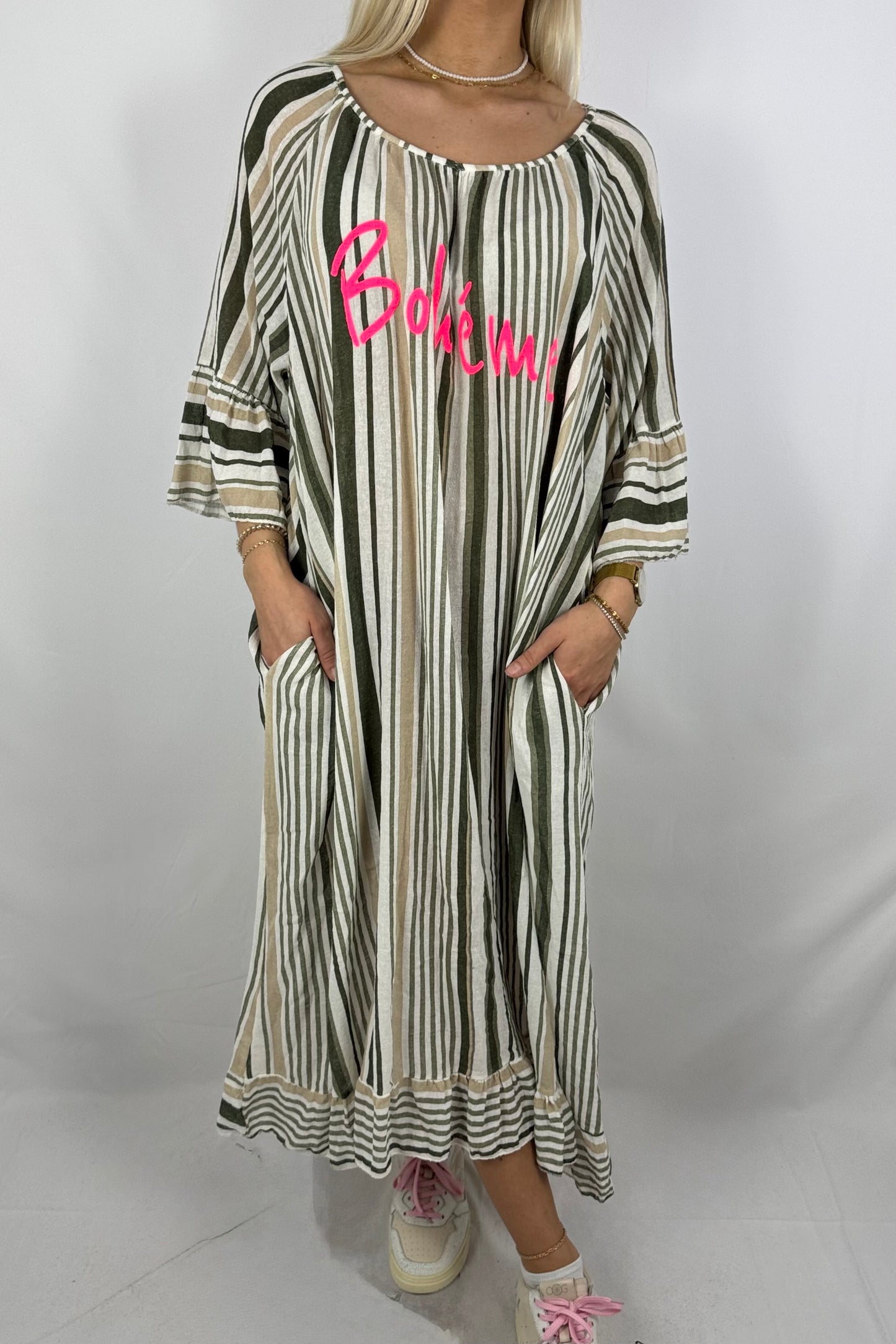 Oversize-Kleid „Bohéme“ mit Streifenmuster-Khaki