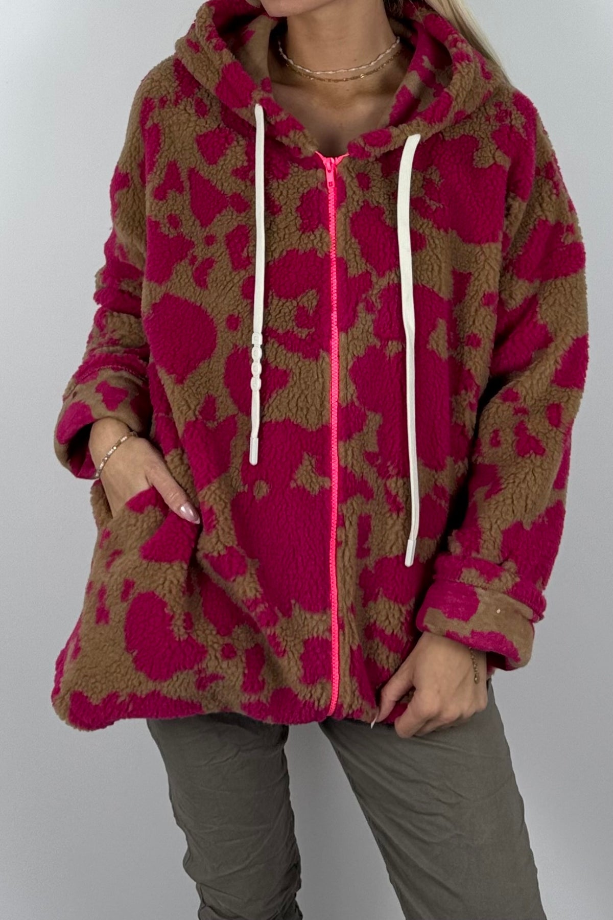 Damen Teddyjacke mit Kapuze-Pink
