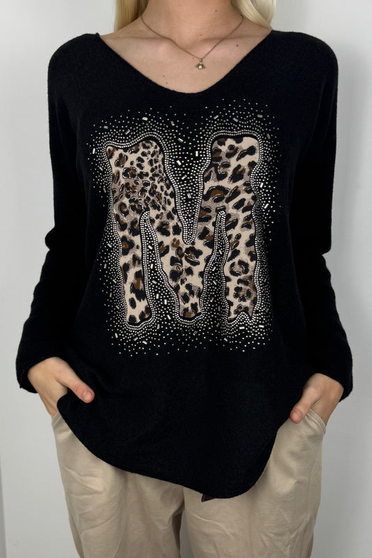 Langarmshirt mit Strass-Detail und M-Applikation-Schwarz