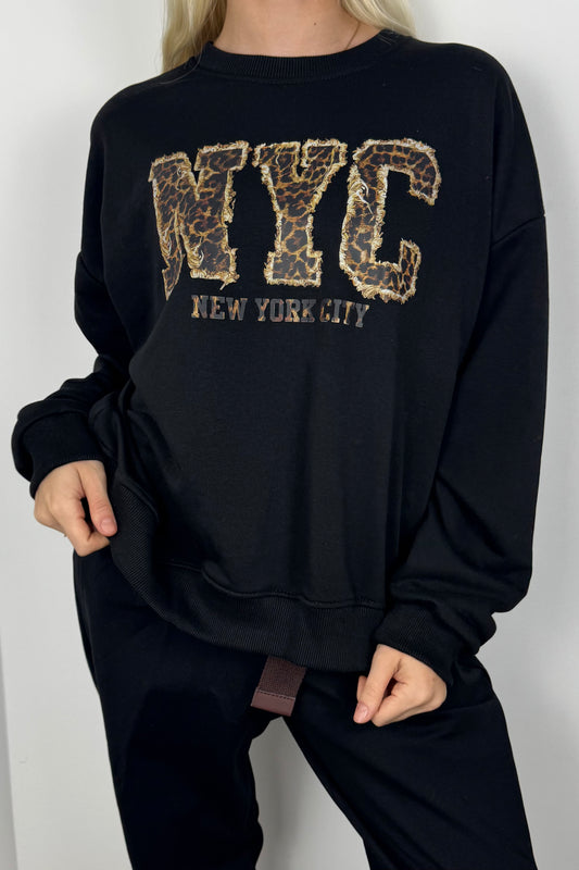 Sweatshirt mit NYC-Applikation-Schwarz