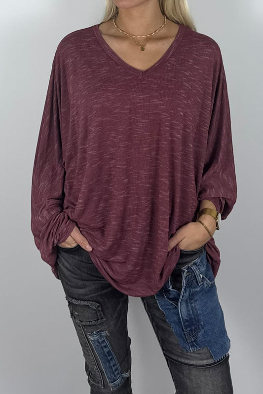 Damen Oversize Shirt mit V-Ausschnitt – Bordeaux