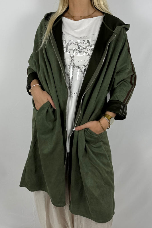 Lässige Longjacke in Velours-Optik mit Kapuze-Khaki