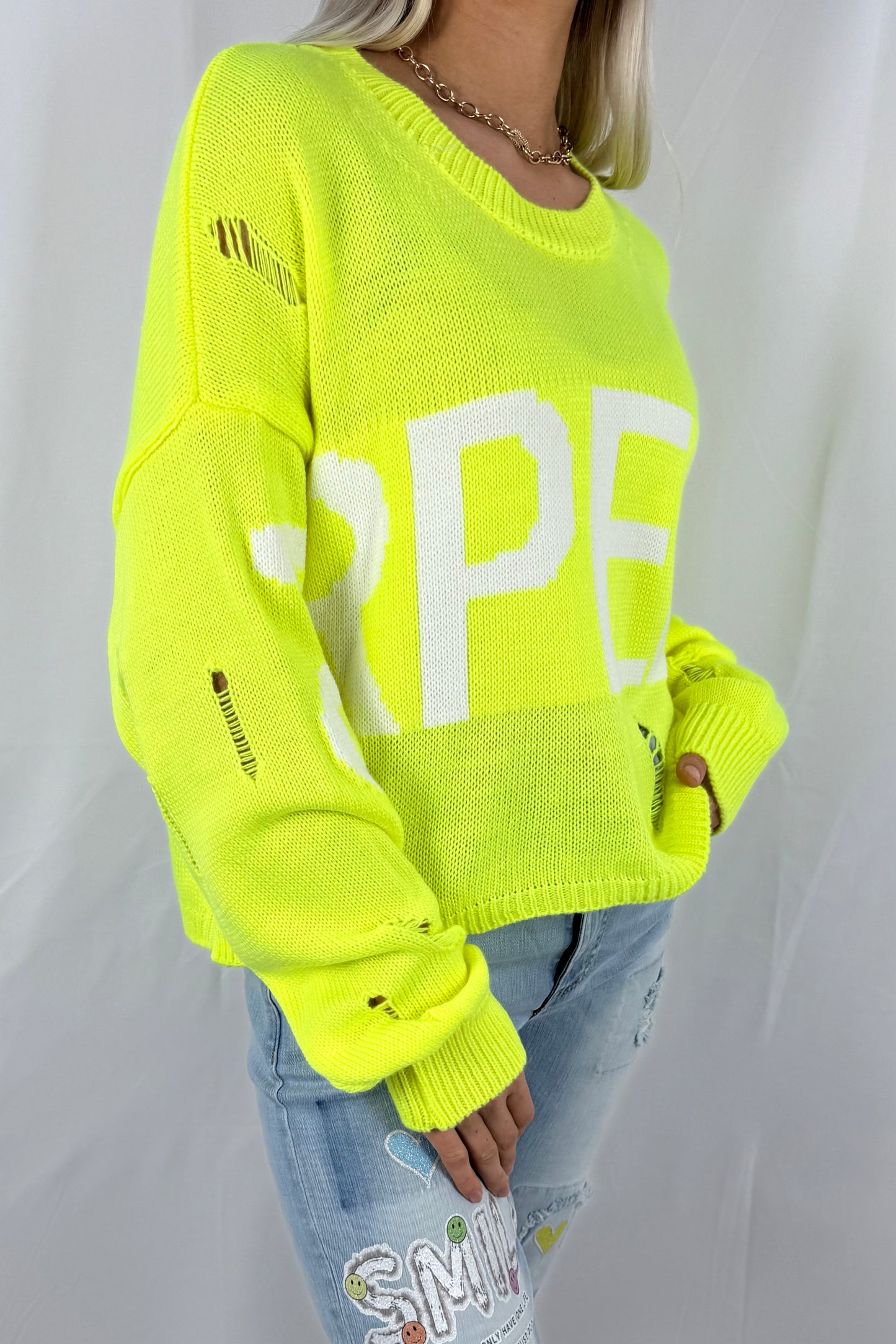 Strickshirt mit Schrift-Design-Neon Gelb