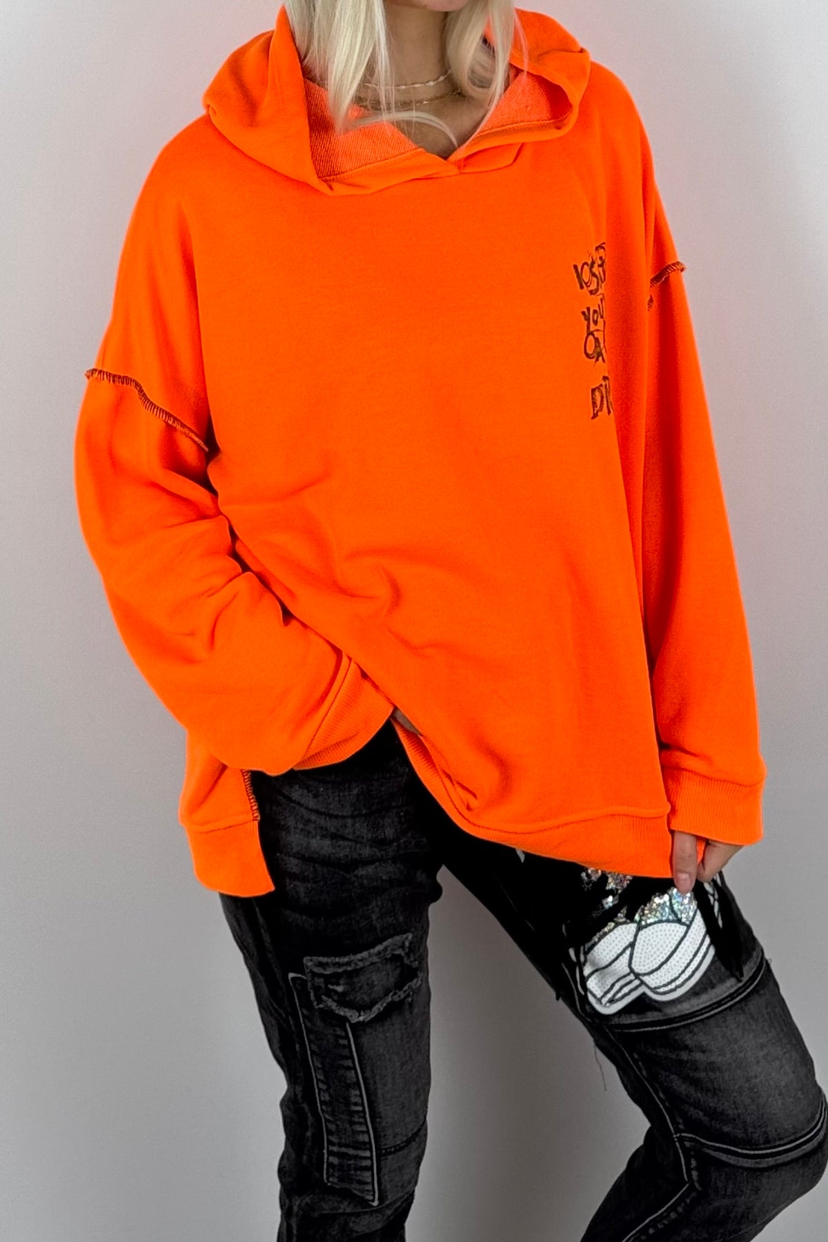 Damen-Hoodie mit Schriftprint und Ziernähten-Neon Orange