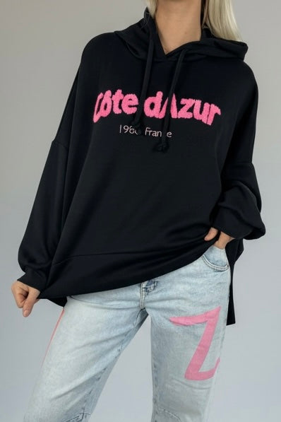 Oversize Hoodie mit Schriftzug „Côte d’Azur“-Schwarz