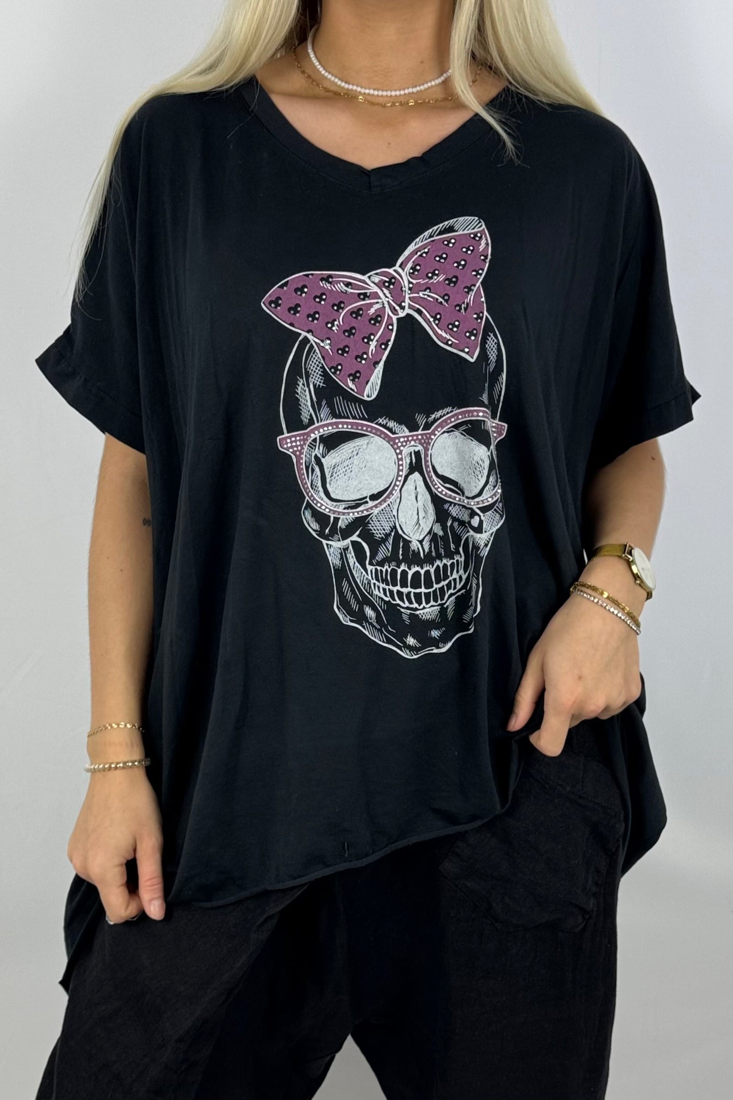Oversize-Shirt mit Skull-Print & Neon-Details-Schwarz