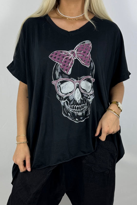 Oversize-Shirt mit Skull-Print & Neon-Details-Schwarz