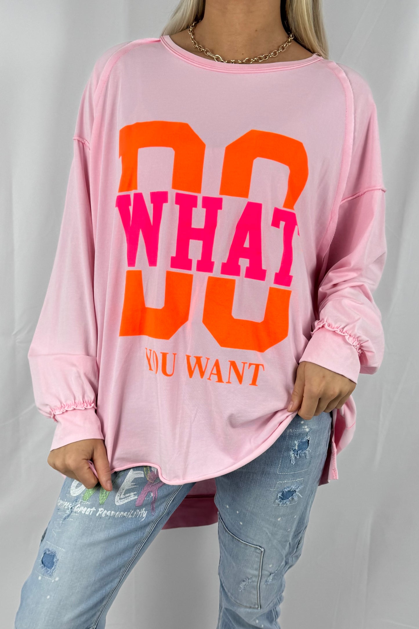Shirt mit „DO WHAT YOU WANT“ Statement-Print- Rosa