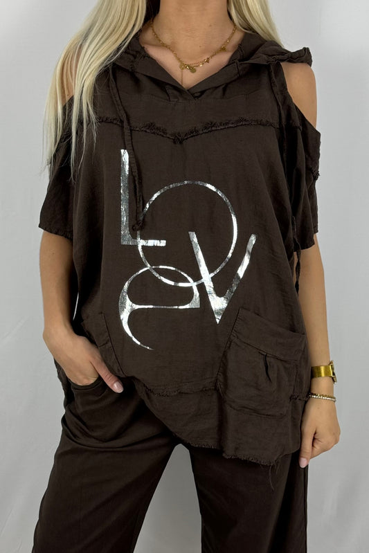 Leinen-Top mit Kapuze & LOVE-Print-Schoko