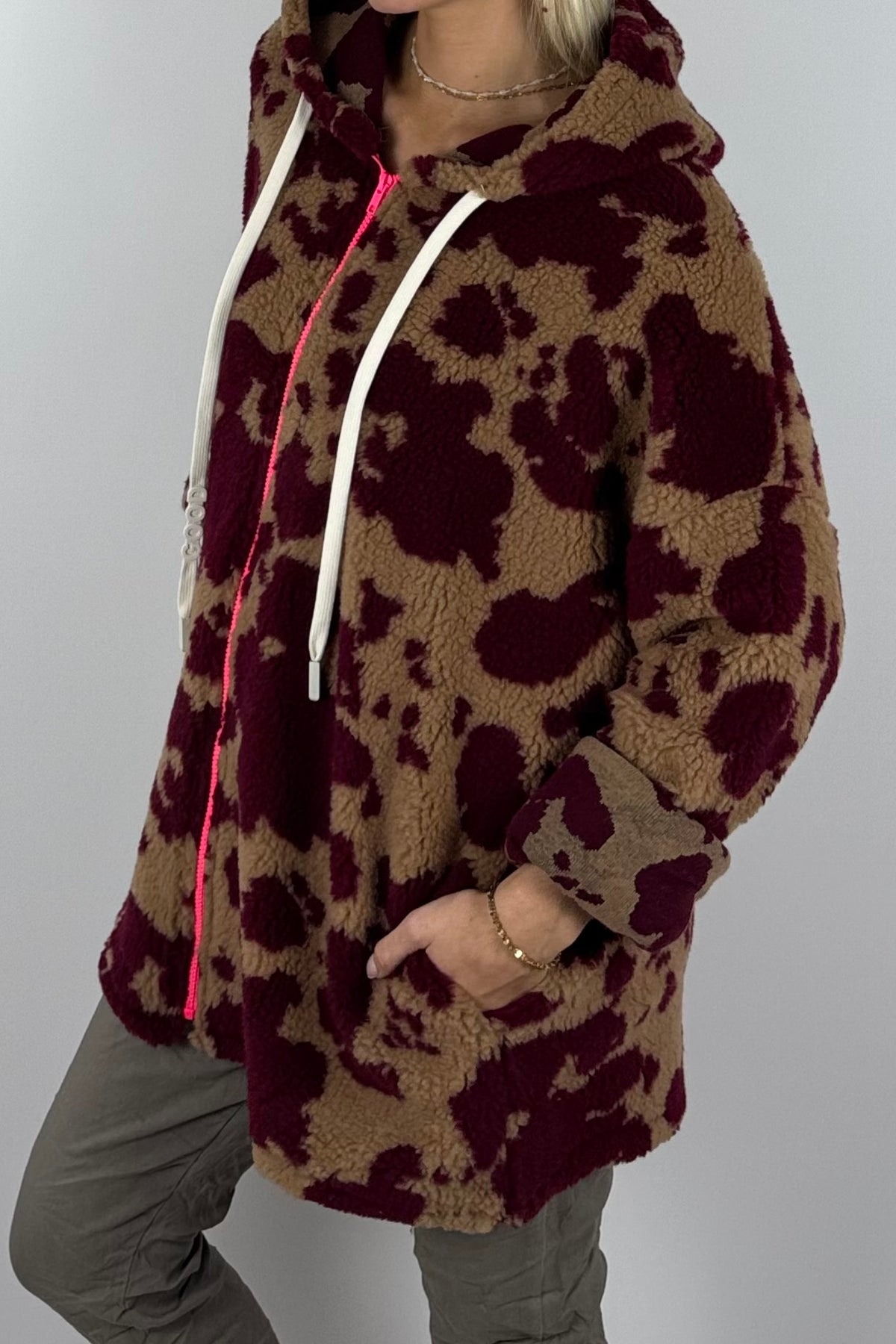Damen Teddyjacke mit Kapuze-Bordeaux