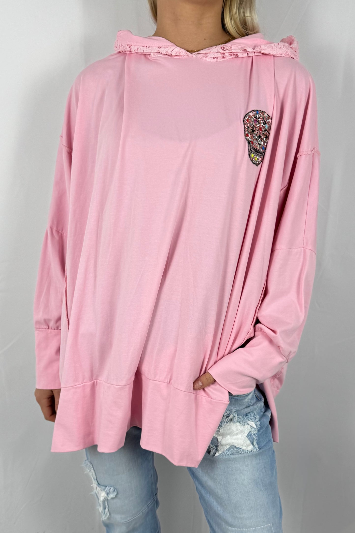 Damen Hoodie mit Strass Totenkopf-Rosa