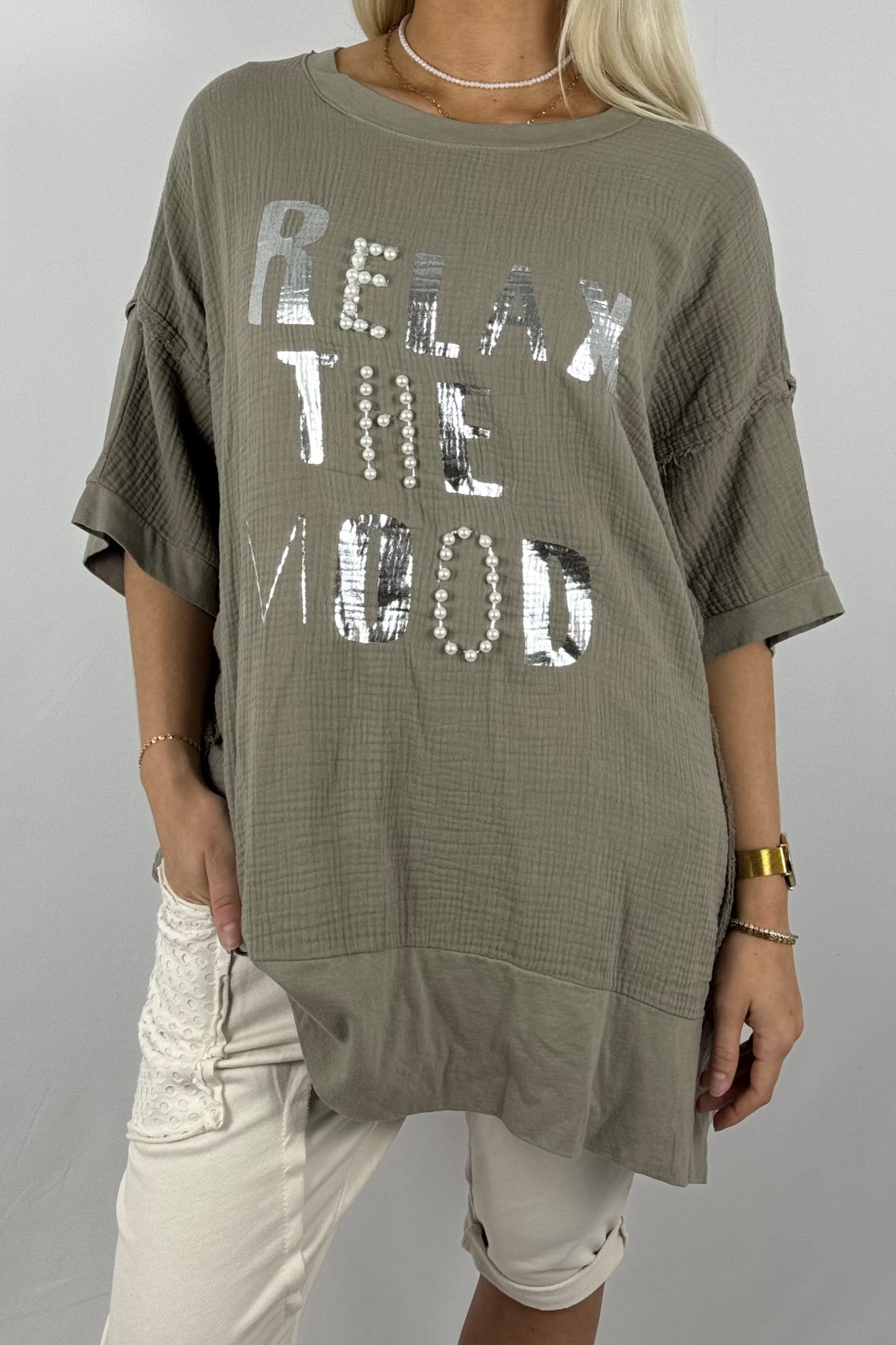 Oversize-Shirt „Relax The Mood“ aus Musselin-Mud