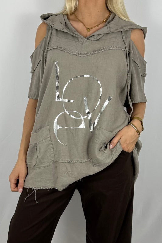 Leinen-Top mit Kapuze & LOVE-Print-Mud