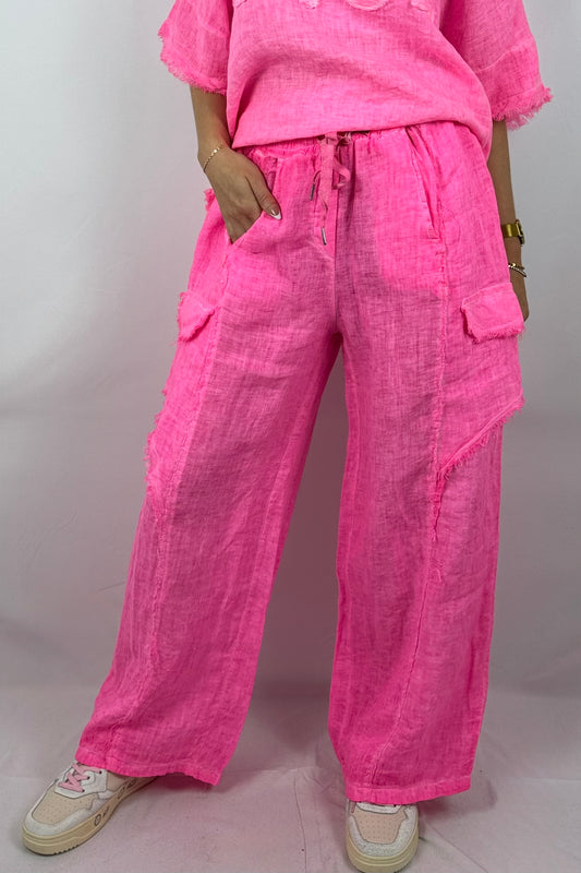 Leinenhose mit fransigen Details-Neon Pink