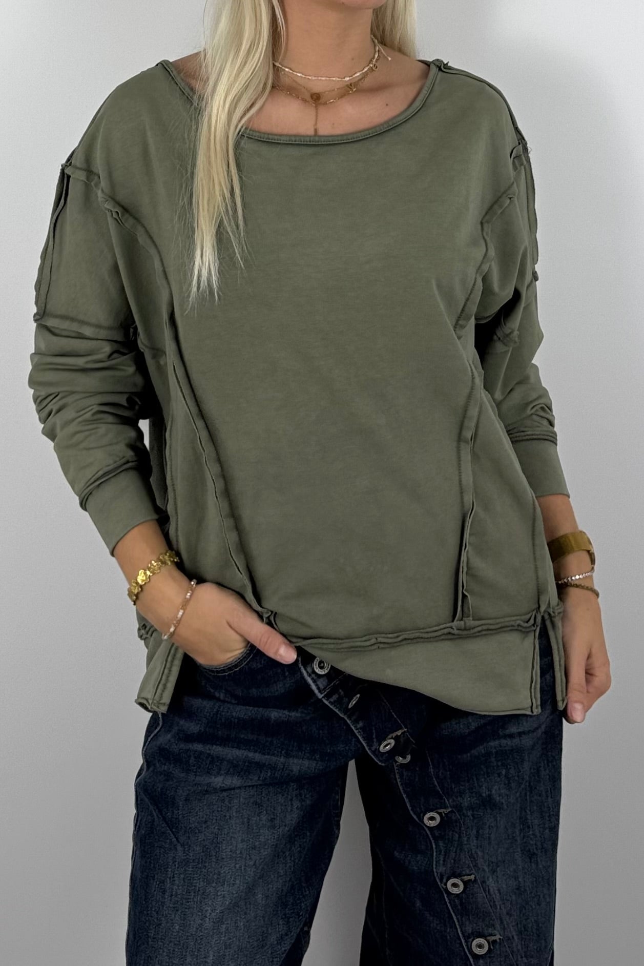 Oversize Shirt mit dekorativen Nahtdetails –Khaki