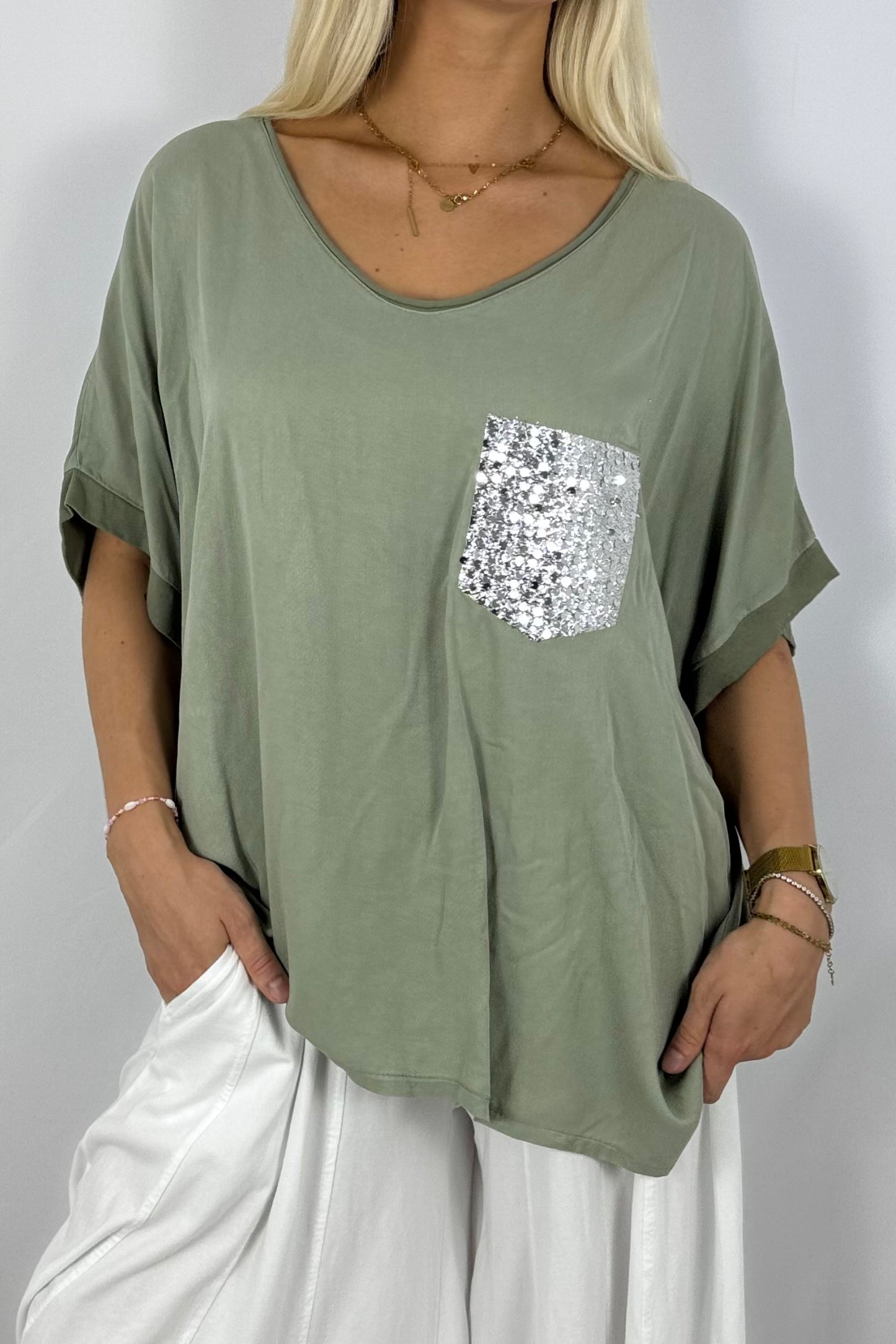 Oversize Shirt mit Pailletten-Brusttasche-Khaki