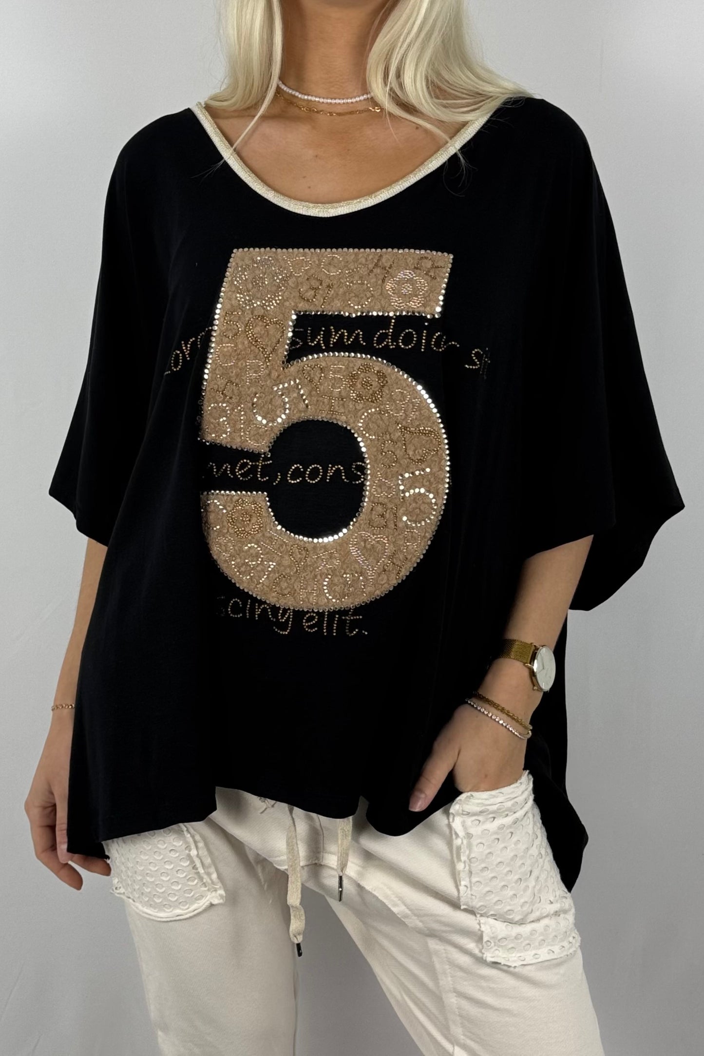 Oversize-Shirt mit Strass-Applikation „5“-Schwarz