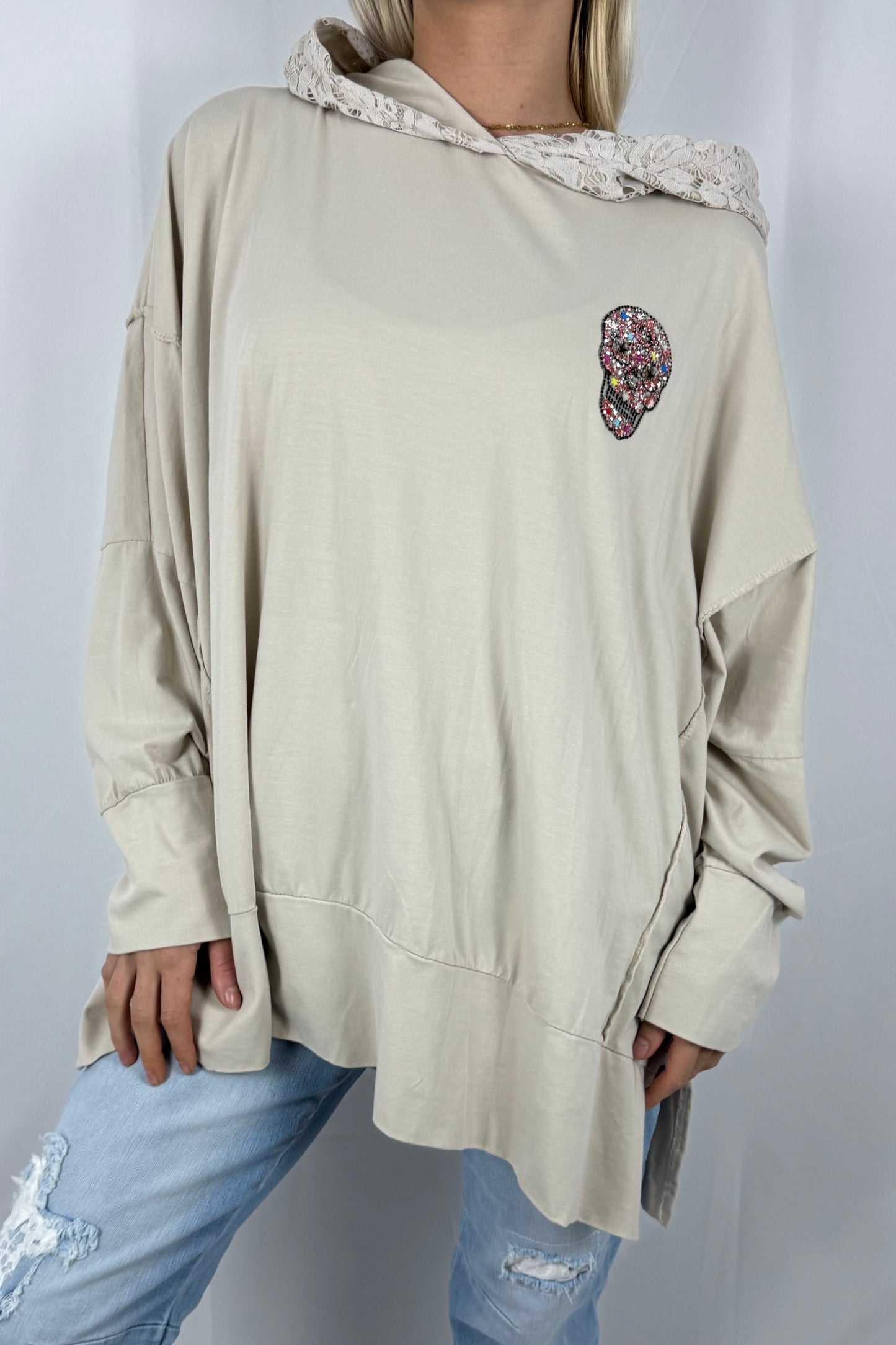 Damen Hoodie mit Strass Totenkopf-Beige