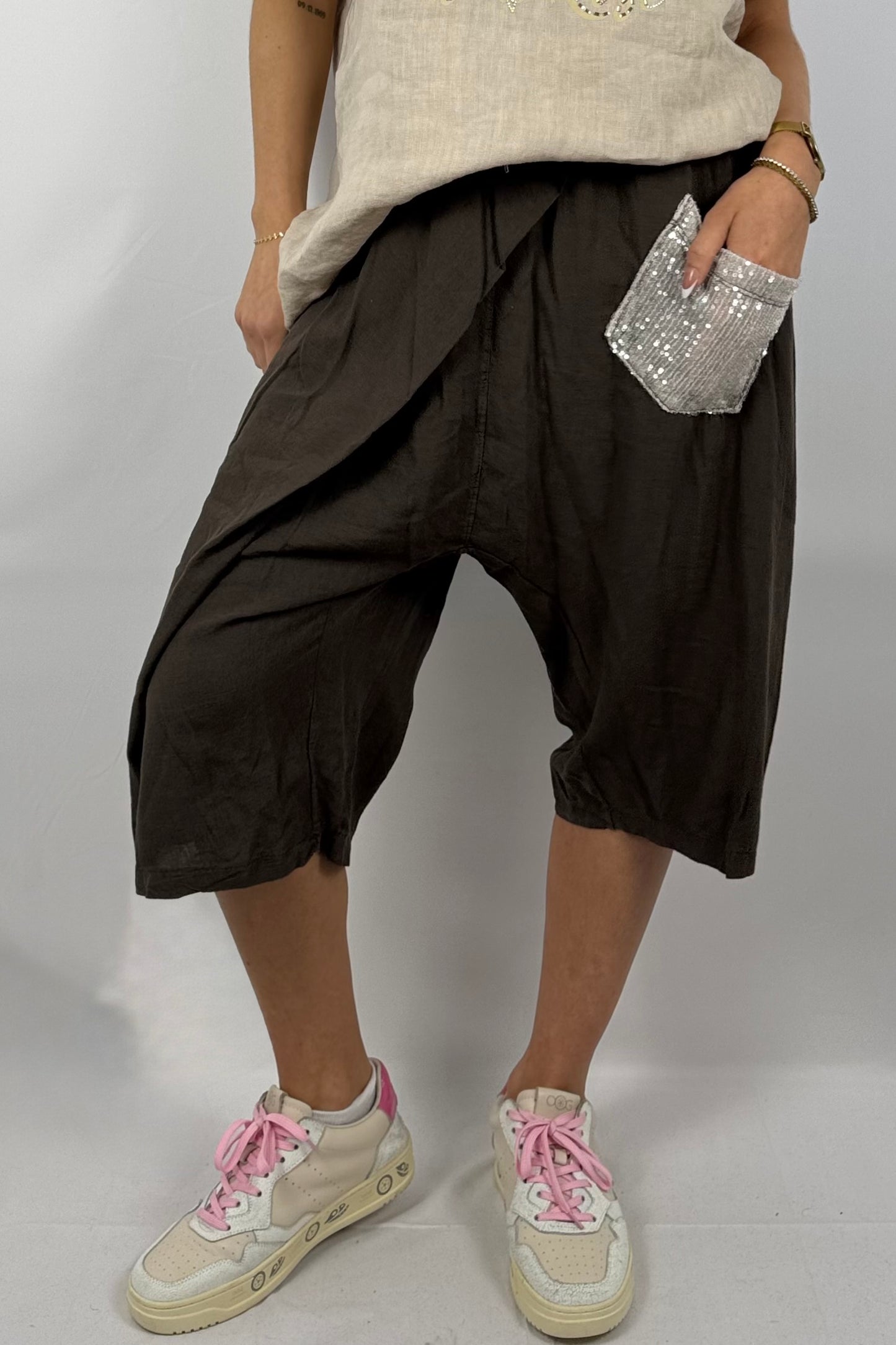 Leichte Wide-Leg-Hose mit Pailletten-Tasche-Choco