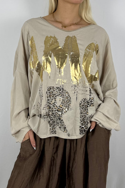 Oversize-Shirt mit Statement-Print-Beige