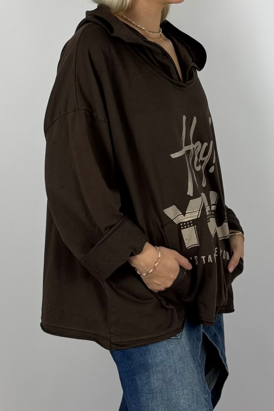 Damen Oversize Hoodie „Hey You“ mit Kapuze – Schoko