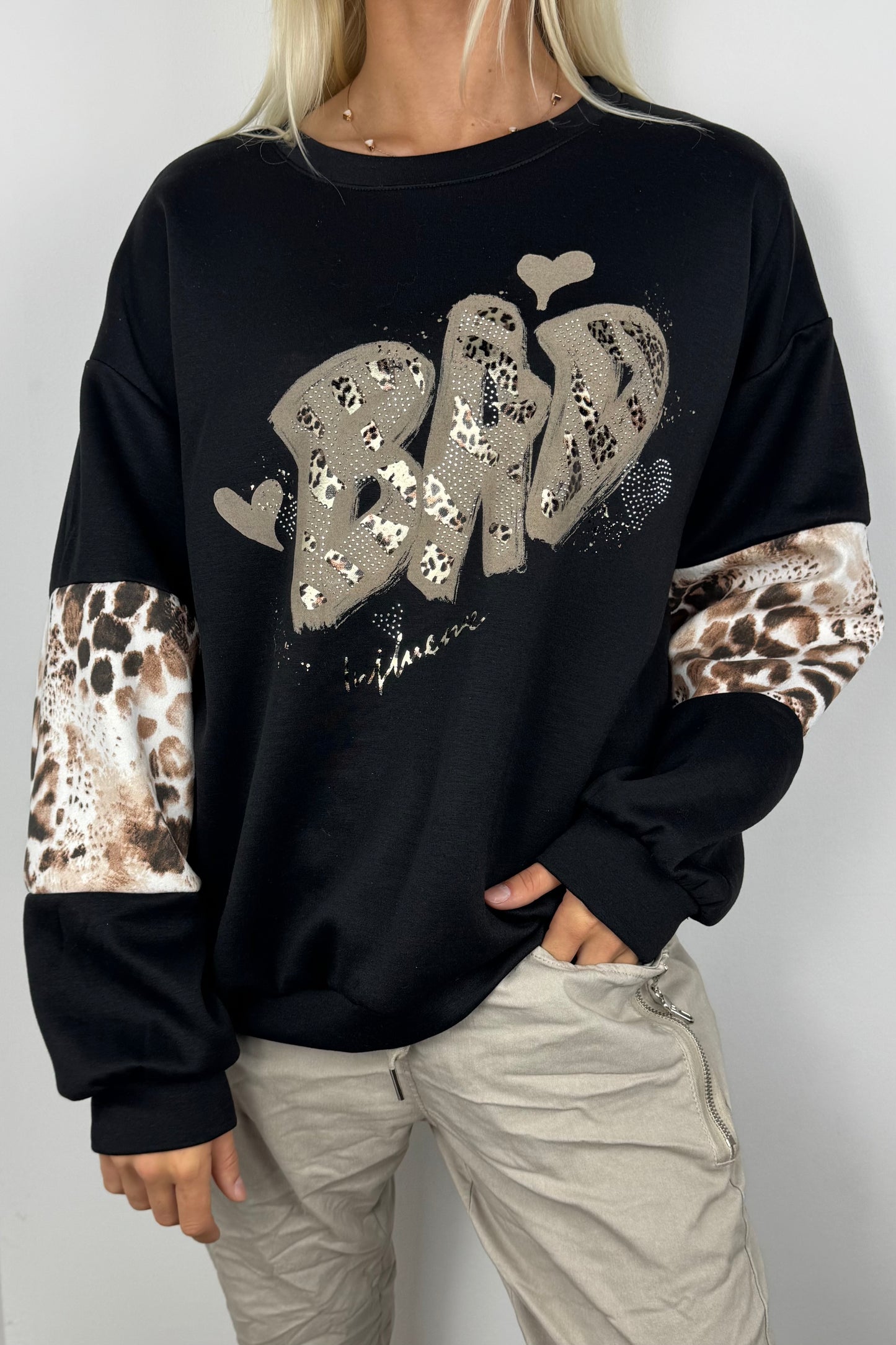 Oversize Sweatshirt mit Print & Animal-Details –Schwarz