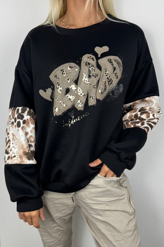 Oversize Sweatshirt mit Print & Animal-Details –Schwarz