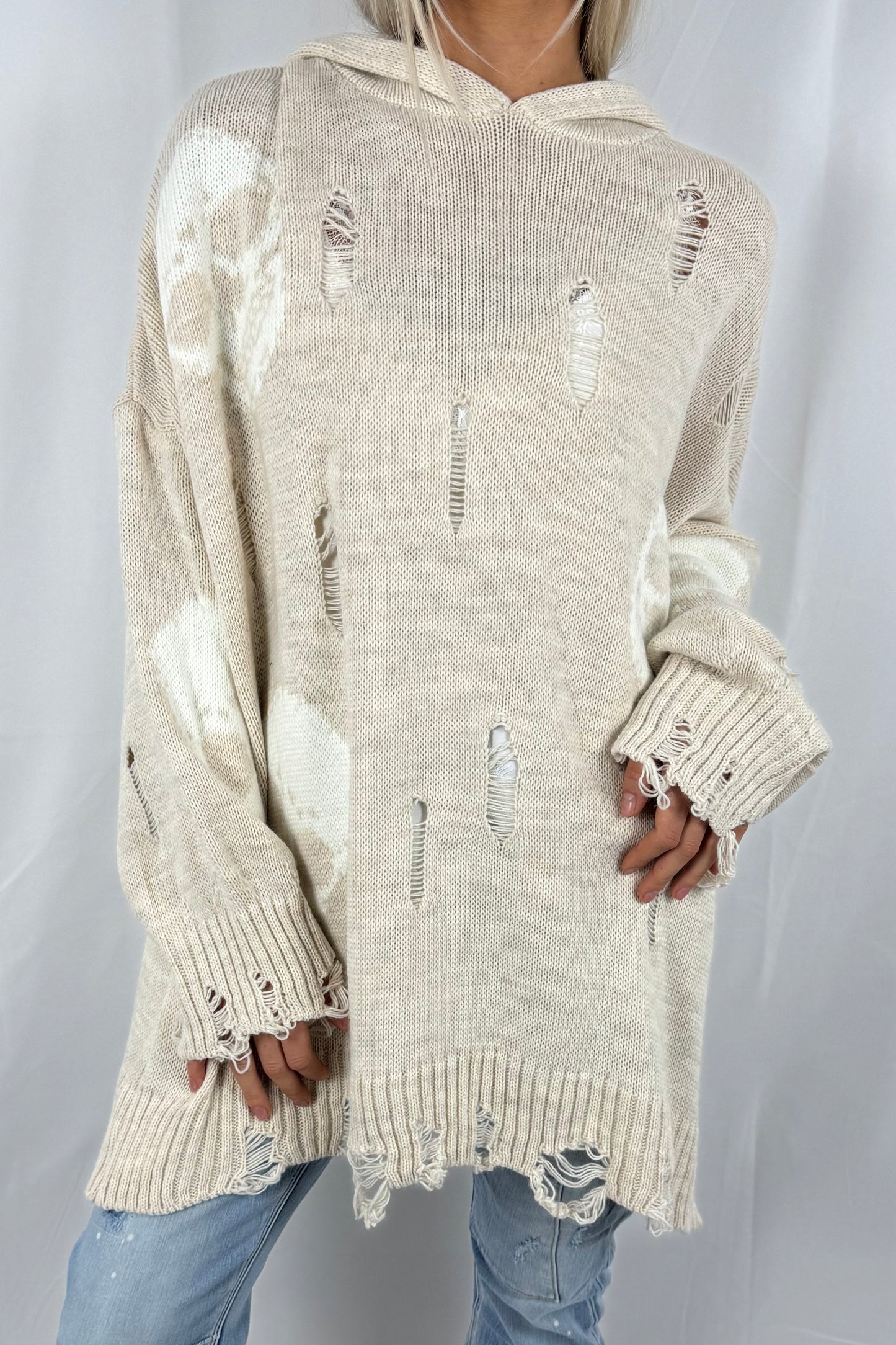 Pullover mit Totenkopf-Print und Kapuze-Beige