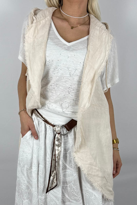Leinen Weste mit Kapuze – luftiger Sommer Mantel-Beige