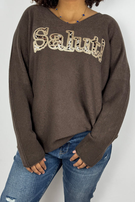 Strickshirt mit Schriftzug „Salut!“ –Choco