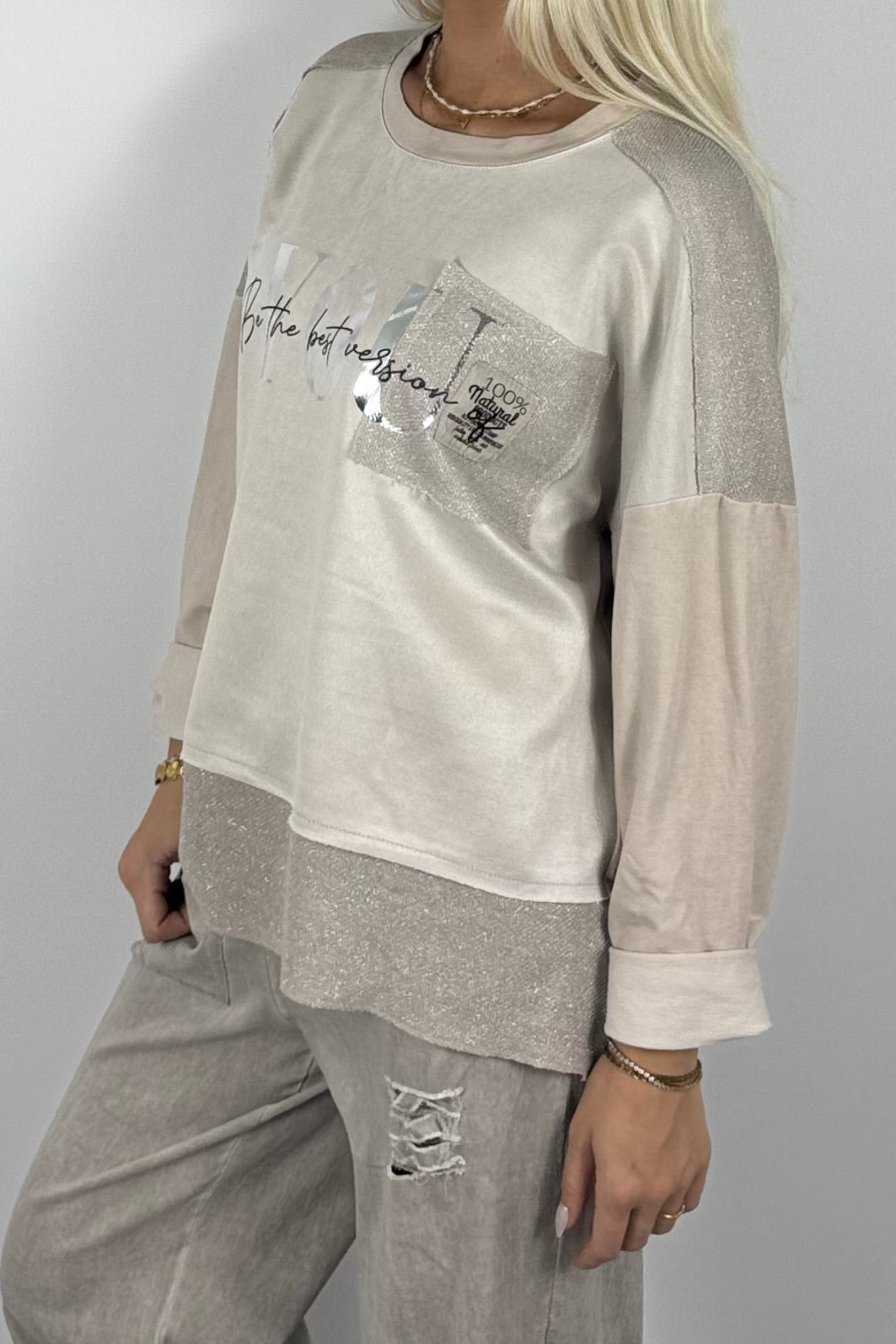 Oversize Damen Sweatshirt mit Glitzer-Details & Schriftzug – Beige
