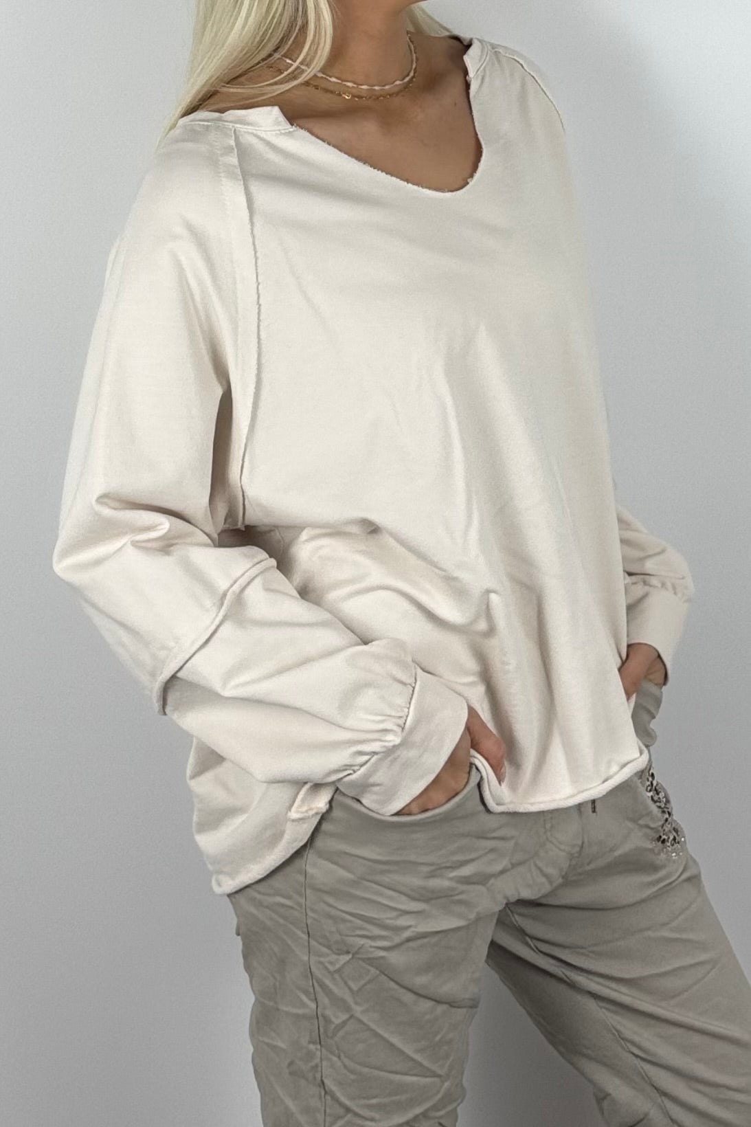 Damen Oversize-Sweatshirt mit V-Ausschnitt-Beige