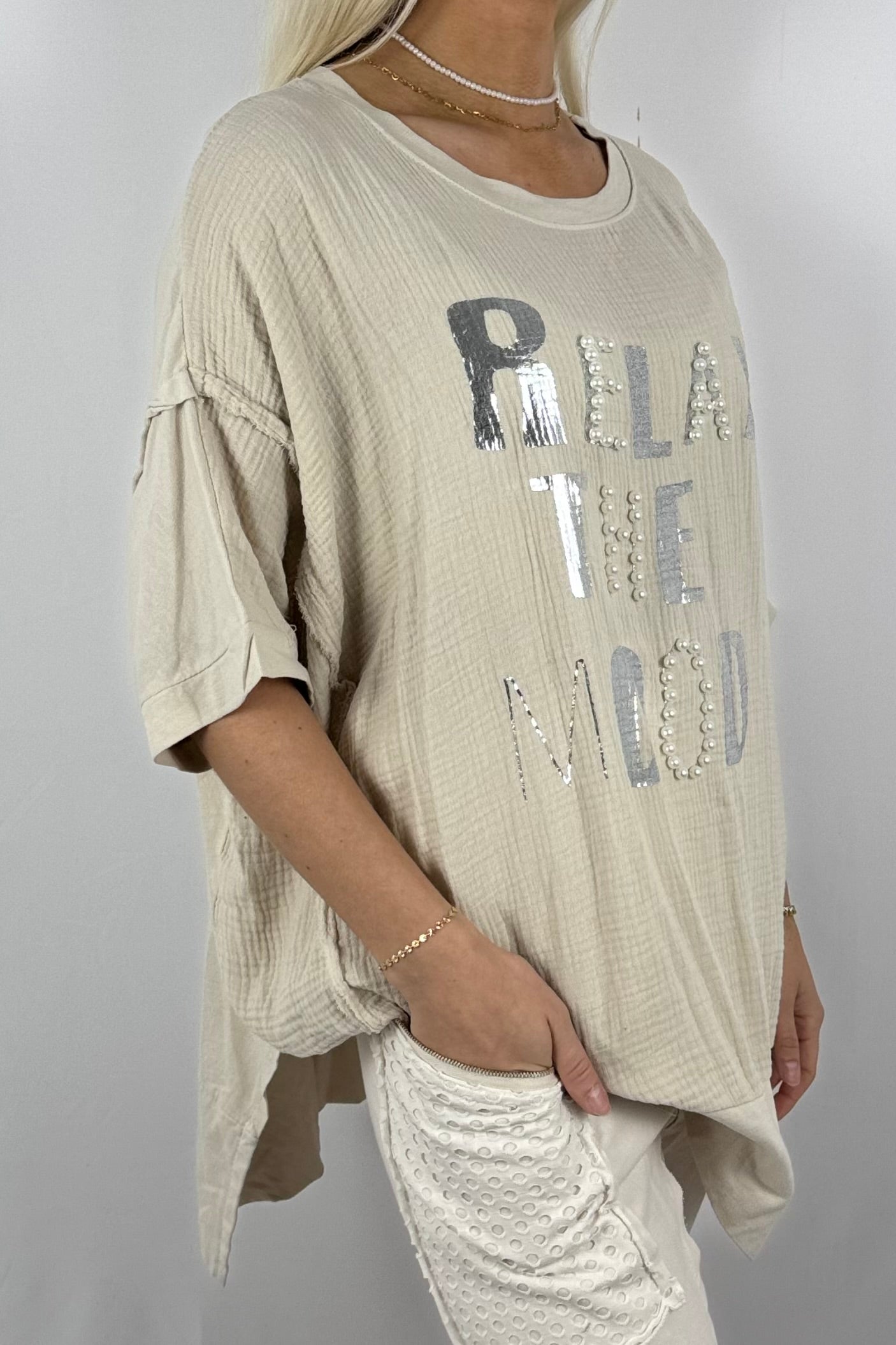 Oversize-Shirt „Relax The Mood“ aus Musselin-Beige